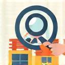 Icon of a magnifying glass over a completed project, symbolizing review