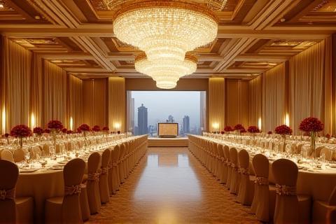 Elegant ballroom setup for a corporate gala dinner in Dubai with chandeliers