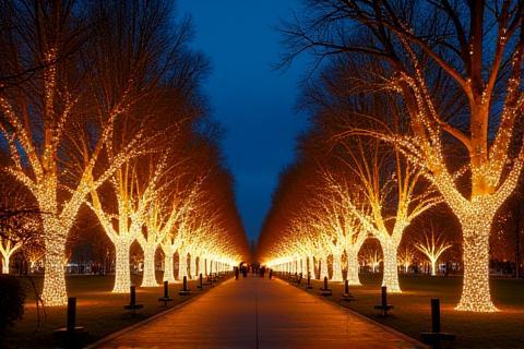 Stunning outdoor festive lighting display illuminating trees in a public park