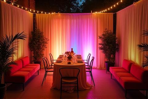 Beautifully styled setup for a private birthday party with custom lighting