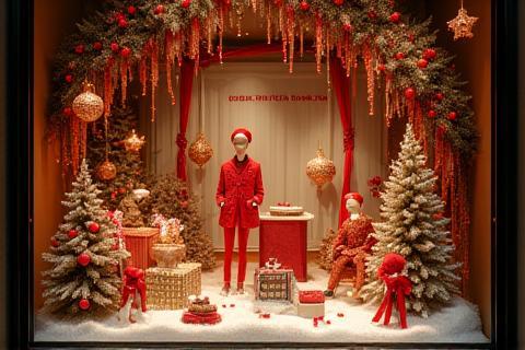 Creative festive window display for a luxury retail store with intricate details