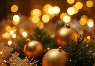 Elegant New Year decor with golden ornaments and bright lights
