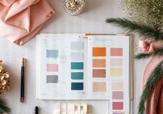 Elements of party planning including mood boards, fabric swatches, and decor items